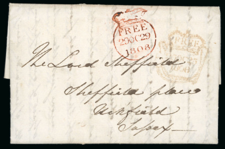Stamp of Ireland » Pre-Stamp Postal History » Independant Post Office Period - 1784-1831 1808 (October 25th) Folded entire showing a fancy double framed Dublin "FREE / 25 OC 25 / 1808" MERMAID