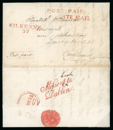 Stamp of Ireland » Pre-Stamp Postal History » Independant Post Office Period - 1784-1831 1827 (December 14th) Folded entire from Kilkenny to Ulverston with Mifsent to Dublin handstamp