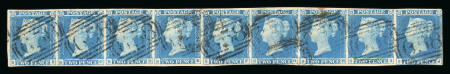 Stamp of Great Britain » 1841 2d Blue 1841 2d blue pl.3 SB-SJ in horizontal strip of 9 used