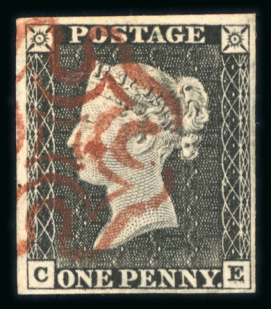 Stamp of Great Britain » 1840 1d Black and 1d Red plates 1a to 11 1d black pl.1a CE with four margins and brownish red MC
