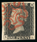 Stamp of Great Britain » 1840 1d Black and 1d Red plates 1a to 11 1d black pl.1a SA with 4 good to large margins and neat red MC