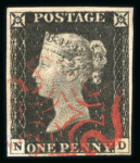Stamp of Great Britain » 1840 1d Black and 1d Red plates 1a to 11 1d intense black pl.1b ND with 4 margins and red MC