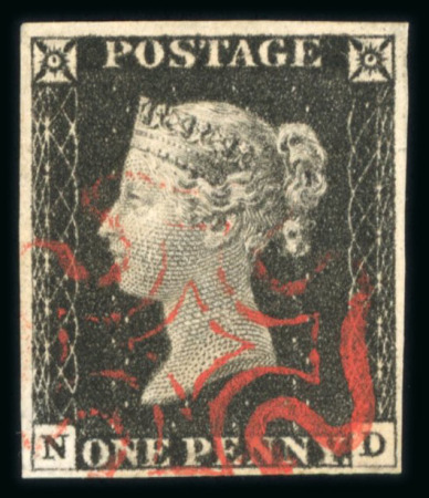 Stamp of Great Britain » 1840 1d Black and 1d Red plates 1a to 11 1d intense black pl.1b ND with 4 margins and red MC