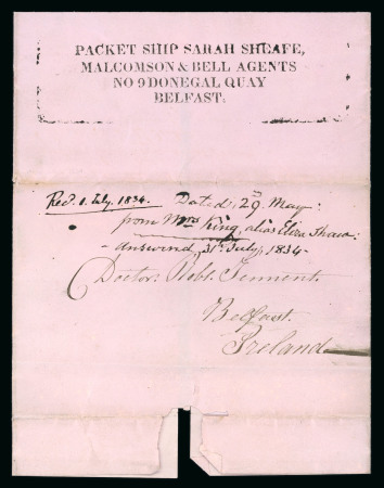 Stamp of Ireland » Pre-Stamp Postal History » Unified Post Period - 1827-1839 1834 (May 29th) wrapper with "PACKET SHIP SARAH SHEAFE / MALCOMSON & BELL AGENT/ NO 9 DONEGAL QUAY / BELFAST"