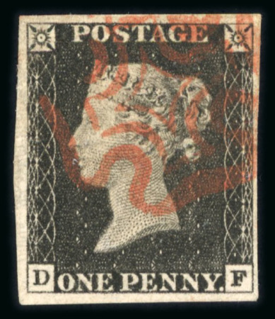 Stamp of Great Britain » 1840 1d Black and 1d Red plates 1a to 11 1d black pl.2 DF with 4 margins and red MC, very fine.