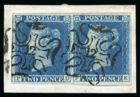 Stamp of Great Britain » 1841 2d Blue 1841 2d blue pl.3 FD-FE horizontal pair with large margins on piece tied by crisp strikes of London "12" in MC