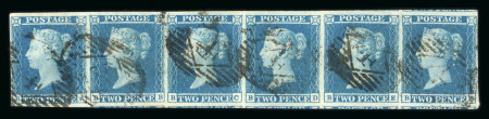 Stamp of Great Britain » 1841 2d Blue 1841 2d blue pl.3 BA-BF in horizontal strip of six with good to large margins, used