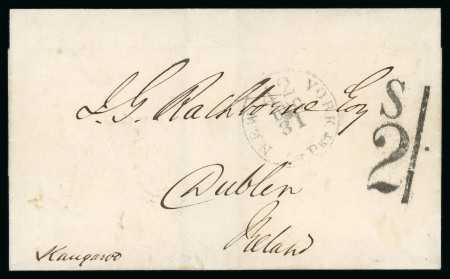 Stamp of Ireland » Transatlantic Mail to, from and via Ireland 1865 (December 31st) Unpaid folded entire with superb unpaid distinctive large black "S 2/-" handstamp