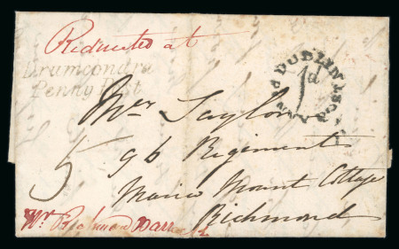 Stamp of Ireland » Pre-Stamp Postal History » Local Post Period - 1773-1840 1839 (January 15th) Unpaid folded entire with black circular "DUBLIN 1' PENNY POST"