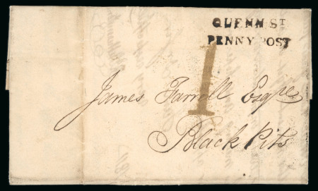 Stamp of Ireland » Pre-Stamp Postal History » Local Post Period - 1773-1840 1811 (February 20th) Folded entire from Arran Quay showing a clear strike of the 2-line "QUENN ST / PENNY POST" error hs