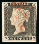 Stamp of Great Britain » 1840 1d Black and 1d Red plates 1a to 11 1840 1d grey-black (worn plate) pl.1a NC, a fine and attractive four margin example with red MC.