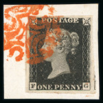 Stamp of Great Britain » 1840 1d Black and 1d Red plates 1a to 11 1840 1d black pl.1b FG with 4 fine to large margins tied to piece by a vivid orange MC