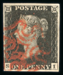 Stamp of Great Britain » 1840 1d Black and 1d Red plates 1a to 11 1d black pl.1b SI with 4 margins and neat orange-red MC, a fine and attractive example.