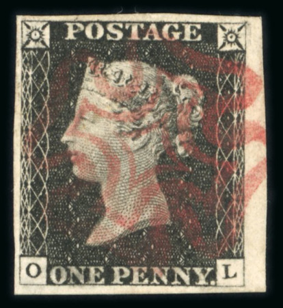 Stamp of Great Britain » 1840 1d Black and 1d Red plates 1a to 11 1840 1d black pl.1b OL with 4 good to very large (at right) margins and neat red (ruby-ish) MC