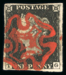 Stamp of Great Britain » 1840 1d Black and 1d Red plates 1a to 11 1840 1d intense black pl.2 TG state 2 with 4 margins and boldly struck vermilion MC