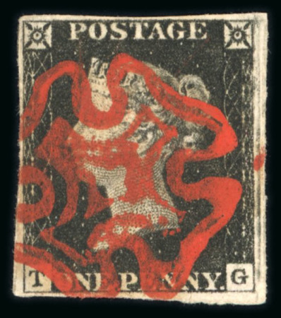 Stamp of Great Britain » 1840 1d Black and 1d Red plates 1a to 11 1840 1d intense black pl.2 TG state 2 with 4 margins and boldly struck vermilion MC