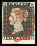 Stamp of Great Britain » 1840 1d Black and 1d Red plates 1a to 11 1840 1d black pl.3 TC with 4 margins, enormous at base, with full strike of orange-red MC