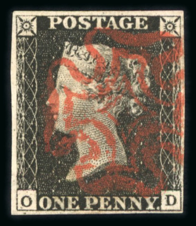 Stamp of Great Britain » 1840 1d Black and 1d Red plates 1a to 11 1840 1d black pl.4 OD with 4 margins and red MC, on 'bleute' paper