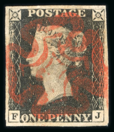 Stamp of Great Britain » 1840 1d Black and 1d Red plates 1a to 11 1840 1d black pl.4 FJ with 4 margins and full, centrally struck orange-red MC