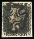 Stamp of Great Britain » 1840 1d Black and 1d Red plates 1a to 11 1840 1d black pl.10 RG with 4 margins and neat strike of black MC