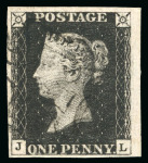 Stamp of Great Britain » 1840 1d Black and 1d Red plates 1a to 11 1840 1d black pl.8 JL with 4 margins (very large at right) and lightly struck black MC