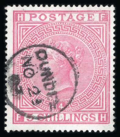 Stamp of Great Britain » 1855-1900 Surface Printed » 1867-83 High Values 1867-83 wmk Anchor 5s rose pl.4 fine used with neat Dundee (Scotland) cds