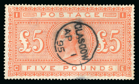 Stamp of Great Britain » 1855-1900 Surface Printed » 1867-83 High Values 1867-83 £5 orange used with Glasgow cds