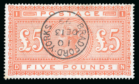 Stamp of Great Britain » 1855-1900 Surface Printed » 1867-83 High Values 1867-83 £5 orange used with crisply struck Bradford Yorkshire cds