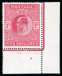 Stamp of Great Britain » King Edward VII » 1902-10 De La Rue Issues 1902-10 5s bright carmine corner marginal mint