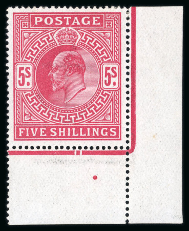 Stamp of Great Britain » King Edward VII » 1902-10 De La Rue Issues 1902-10 5s bright carmine corner marginal mint