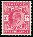 Stamp of Great Britain » King Edward VII » 1902-10 De La Rue Issues 1902-10 5s deep bright carmine mint n.h.