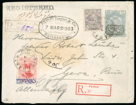 Stamp of Persia » Postal Stationery 1902-03 Second Issue with Provisoire 1319 handstamp, 10ch (PE8C) registered 1903 Sultanabad via Teheran to Germany,