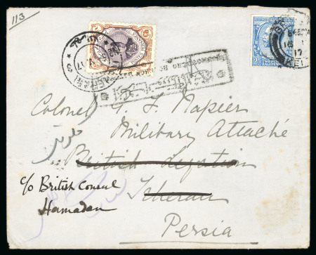 Stamp of Persia » Censored Mail 1917 incoming mail from UK to Military Attaché Colonel Napier in Teheran, re-directed to Hamadan