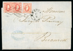 Stamp of Romania » United Principalities 1864-1865 Prince Cuza 20 Par. red, three single all cut to shape, all neatly