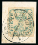 Stamp of Romania » 1858 (1st Nov.) - 1861 Moldavia - Handstruck at Jassy - Imperforate 40 Parale on blue or white paper, three examples on pieces tied by FRANCO/VASLUI oval in black, JASSY or GALATZ blue cds