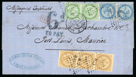 Stamp of Colonies françaises » Cochinchine Cochinchine, 1867 : lettre avec impressionnant affranchissement tricolore au type "Aigle Impérial" à destinatination de l'île Maurice,