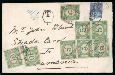 Stamp of Romania » Postage Due 1896 Large envelope from Ireland, franked GB Jubilee 2 1/2d bearing array of eight Romania postage dues