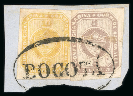 Stamp of Colombia 1860, 5c rose-lilac, stone A, and 10c yellow-buff, on piece