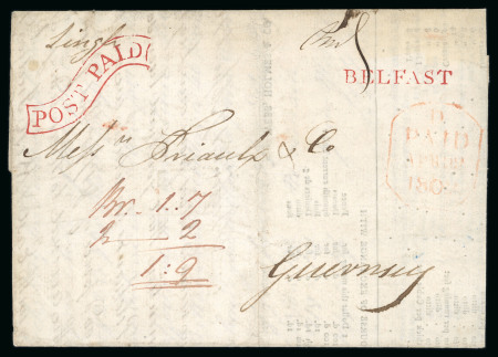 Stamp of Ireland » Pre-Stamp Postal History » Independant Post Office Period - 1784-1831 1808 Cover from Belfast with superb strike in red on the "BELFAST" straight line and the boxed scroll "POST PAID"