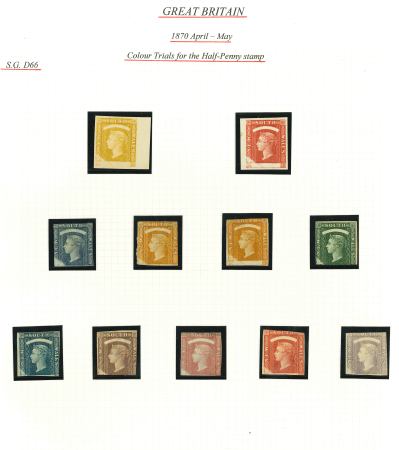 Stamp of Great Britain » Line Engraved Essays, Plate Proofs, Colour Trials and Reprints 1870 April- May colour trials for the 1/2d. bantam, 11 impressions