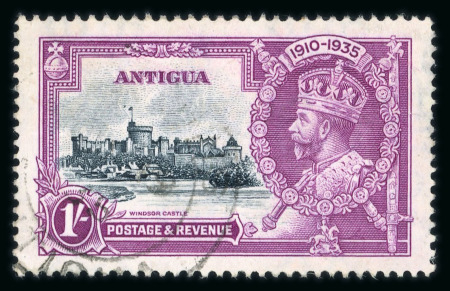 Stamp of Antigua & Barbuda 1935 Silver Jubilee 1s slate and purple, used single showing dot by flagstaff variety