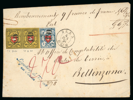 Stamp of Switzerland / Schweiz » Rayonmarken » Rayon II, gelb, ohne Kreuzeinfassung (STEIN B) 1851, Rayon II im Paar zusammen mit Rayon I mit Teilen der Kreuzeinfassung auf Nachnahme-Brief von Bern nach Bellinzona
