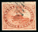 Stamp of Canada 1852-57 3d red, on wove paper, used with part barred cancel