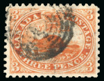 Stamp of Canada 1858-59 3d red, on machine-made paper, perforated 11 3/4, used