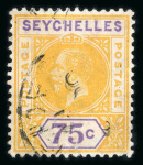 Stamp of Seychelles 1912-16 MCA 75c yellow and violet, used, showing split "A" variety
