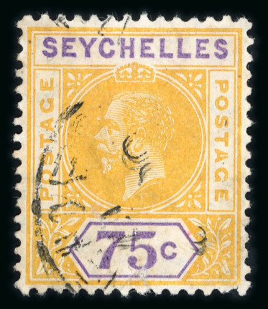 Stamp of Seychelles 1912-16 MCA 75c yellow and violet, used, showing split "A" variety