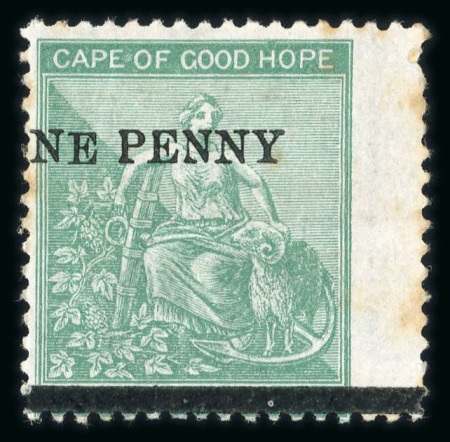 Stamp of South Africa » Cape of Good Hope 1874-76 CC 1d on 1s green, two mint singles, one with surcharged shifted