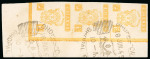 Stamp of Indian States » Bhopal Officials: 1944-49 3a yellow imperf. variety in top left corner marginal vertical strip of three