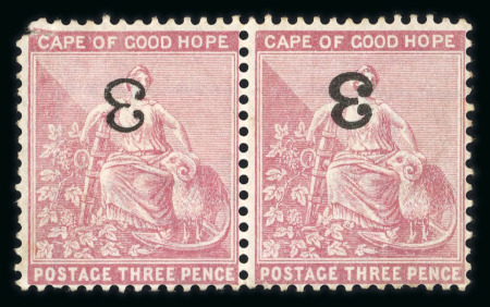 Stamp of South Africa » Cape of Good Hope 1880 "3" on 3d pale dull rose, unused horizontal pair showing inverted surcharge