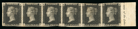 Stamp of Great Britain » 1840 1d Black and 1d Red plates 1a to 11 1840 1d black pl.5 LG-LL mint horizontal strip of six from the right of the sheet showing part marginal inscription